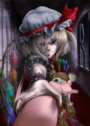  angry arm_grab black_eyes blonde_hair commentary_request female flandre_scarlet hat kubrick_stare photoshop_(medium) pov short_hair solo touhou wings wrist_cuffs yana_(nekoarashi) 