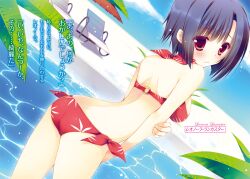  ass bikini black_hair blush breasts character_name day dutch_angle female highres leonora_lancaster looking_at_viewer medium_breasts novel_illustration o-ring o-ring_bikini o-ring_top official_art outdoors photoshop_(medium) pool red_bikini red_eyes sakura_hanpen scan seirei_tsukai_no_blade_dance short_hair side-tie_bikini_bottom sideboob solo swimsuit translation_request water 