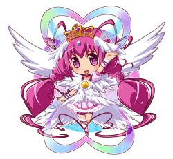  antenna_hair arm_up bike_shorts bike_shorts_under_skirt boots choker commentary_request cure_happy dress female full_body head_wings heart hoshizora_miyuki katsuma_rei long_hair low_twintails magical_girl pink_choker pink_eyes pink_hair pink_skirt pink_theme precure skirt smile smile_precure solo tiara twintails ultra_cure_happy white_background wings wrist_cuffs 