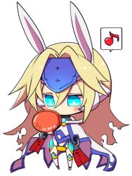  animal_ears bad_id bad_pixiv_id blazblue blonde_hair blue_eyes blush boots cape chibi crotch_plate eighth_note female full_body kuro_yuzu long_hair mirror mu-12 musical_note no_nose rabbit_ears simple_background solo spoken_musical_note white_background 