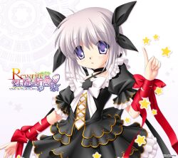  arm_ribbon black_dress choker criss-cross_halter cross dress female hair_ornament hair_ribbon halterneck hinoue_itaru index_finger_raised kagari_(rewrite) looking_at_viewer magical_girl official_art open_mouth puffy_sleeves purple_eyes red_ribbon rewrite ribbon short_hair short_sleeves solo star_(symbol) white_hair 