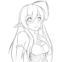  ahoge bad_link bare_shoulders blush breasts cleavage dark_elf drawfag elbow_gloves elf female gloves greyscale highres line_art long_hair medium_breasts monochrome pointy_ears sansei_muramasa solo soukou_akki_muramasa 