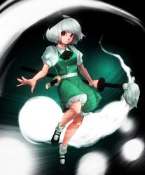  absurdres black_hairband bloomers commentary_request dress female food_fighter_441 grey_hair hair_ribbon hairband highres hitodama katana konpaku_youmu konpaku_youmu_(ghost) mary_janes photoshop_(medium) red_eyes ribbon shoes short_hair socks solo sword touhou underwear weapon 