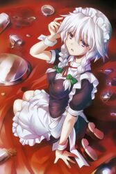  :o blush braid breasts broken_cup commentary_request cup female hair_ribbon izayoi_sakuya kneeling maid maid_headdress medium_breasts purple_eyes ribbon shirosa solo spoon tears touhou tray twin_braids white_hair wrist_cuffs 