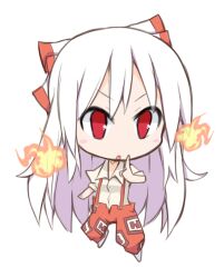  bow chibi commentary_request female fire fujiwara_no_mokou hairbow ladfa long_hair pants red_eyes red_hair red_pants shirt solo suspenders touhou white_hair white_shirt 