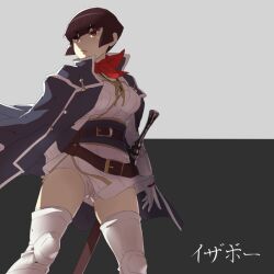  ascot belt blunt_bangs commentary_request female isabeau_(megami_tensei) naso4 photoshop_(medium) red_eyes samurai shin_megami_tensei shin_megami_tensei_iv short_hair short_shorts shorts sidelocks solo sword thighhighs thighs weapon 