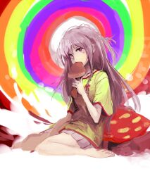  barefoot colorful commentary_request custom_(cus-tom) eating female grey_hair hoshi_syoko idolmaster idolmaster_cinderella_girls long_hair mushroom psychedelic sitting skirt solo wariza 