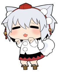  :3 :d =_= animal_ears animal_pose blush chibi closed_eyes commentary_request dog_ears dog_tail female geta grey_hair hat inubashiri_momiji long_sleeves no_nose open_mouth pom_pom_(clothes) pose simple_background skirt smile socks solo standing tail tokin_hat touhou ume_(noraneko) white_background wolf_ears 