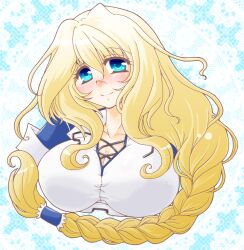  blonde_hair blue_eyes blush braid breasts cleavage commentary_request female highres kyoukaisenjou_no_horizon large_breasts long_hair mary_stuart scar single_braid smile solo upper_body usayu_(snow_crescent) 