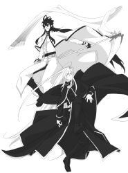  2boys boots line_art long_hair male male_focus male_only monochrome monochrome_factor multiple_boys scythe sword weapon 