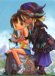  2girls :d absurdres bare_shoulders black_hair blonde_hair blue_eyes blush cellphone dark-skinned_female dark_skin earphones grass hat highres holding iphone multiple_girls open_mouth original phone photoshop_(medium) scan shorts sitting smartphone smile source_request suitcase sweat tsukushi_akihito twintails yellow_eyes 