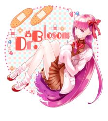  bad_id bad_pixiv_id bandaid fate/extra fate_(series) female hair_ribbon lab_coat long_hair matou_sakura nobuko_(miam_miam) official_alternate_costume pill purple_eyes purple_hair ribbon sleeves_past_wrists solo 