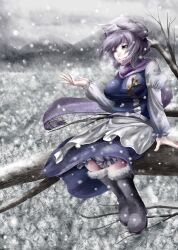  bloomers blue_eyes boots breasts commentary_request covered_nipples dress female grey_hair hat in_tree large_breasts letty_whiterock photoshop_(medium) purple_hair scarf short_hair snow snowing solo touhou tree underwear yana_(nekoarashi) 