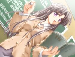  book canvas chalk chalkboard classroom cocktail_soft f&amp;c female game_cg gayarou indoors long_hair open_mouth purple_eyes school shinomiya_yuu solo textbook 