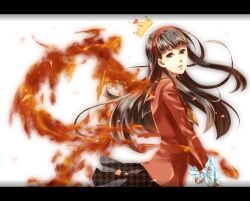  amagi_yukiko black_eyes black_hair commentary_request crown female fire hairband kutsushita_(jur) letterboxed long_hair persona persona_4 skirt solo 