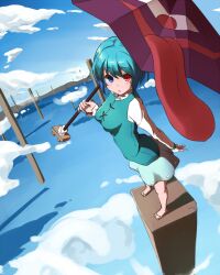  blue_eyes blue_hair cloud commentary_request day female heterochromia highres kakutasu karakasa_obake pole purple_umbrella red_eyes short_hair skirt sky solo tatara_kogasa tongue touhou umbrella 