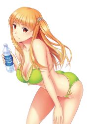  bikini bottle brand_name_imitation breasts cleavage female frilled_bikini frills green_bikini hair_ornament hand_on_own_thigh holding kitiroku large_breasts leaning_forward long_hair looking_at_viewer orange_eyes orange_hair original photoshop_(medium) pocari_sweat shiny_skin simple_background solo strap_gap swimsuit water_bottle white_background 