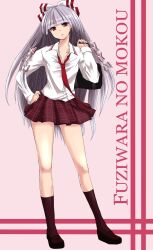  alternate_costume bag bow collarbone commentary_request female fujiwara_no_mokou grey_hair hairbow highres loafers long_hair long_sleeves necktie photoshop_(medium) red_eyes shoes sibata solo standing touhou 