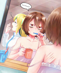  2girls absurdres after_sex bags_under_eyes bite_mark bite_mark_on_breast bite_mark_on_shoulder blonde_hair brown_hair brushing_teeth camisole chinese_commentary commentary_request cup green_eyes hair_between_eyes hickey highres holding holding_cup jacket kouzuki_mahiru mixed-language_commentary multicolored_hair multiple_girls mutsuki_(mutsuki0110) pink_camisole red_eyes scratches short_hair spaghetti_strap strap_slip streaked_hair white_jacket yamanouchi_kano yoru_no_kurage_wa_oyogenai yuri 