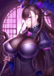  black_dress blush breasts brown_hair cone_hair_bun dress fate/grand_order fate_(series) female flower gem glasses hair_bun hair_ornament highres juliet_sleeves large_breasts long_hair long_sleeves looking_at_viewer masatoki murasaki_shikibu_(fate) puff_and_slash_sleeves puffy_sleeves purple_eyes purple_gemstone smile solo two_side_up umbrella very_long_hair wide_sleeves wisteria 