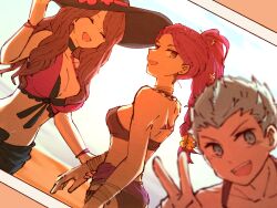  1boy 2girls :d ^_^ alonemistrist arm_up bikini blue_hair brown_bikini brown_hair caspar_von_bergliez caspar_von_bergliez_(summer) closed_eyes dorothea_arnault dorothea_arnault_(summer) earrings fire_emblem fire_emblem:_three_houses fire_emblem_heroes flower hair_flower hair_ornament hat highres jewelry looking_at_viewer multiple_girls official_alternate_costume open_mouth petra_macneary petra_macneary_(summer) purple_hair sarong smile sun_hat swimsuit v 