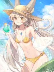  :3 animal_ears beach bikini blush breasts cherry chest_jewel cloud cloudy_sky collarbone cup day drink ears_through_headwear facial_mark female food fruit hat highres holding holding_cup liquid long_hair looking_at_viewer navel nia_(blade)_(xenoblade) nia_(xenoblade) o-ring o-ring_bikini o-ring_bottom ocean oerba_yun_fang outdoors remaco sand see-through signature sky small_breasts stomach straw_hat sun_hat sun_hat_ornament swimsuit very_long_hair water wet xenoblade_chronicles_(series) xenoblade_chronicles_2 yellow_bikini yellow_eyes 