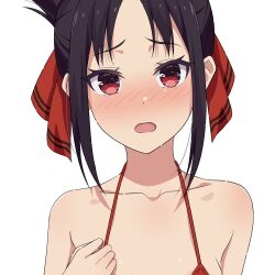  bikini black_hair blush camui1104 d: female hair_ribbon hand_up highres kaguya-sama_wa_kokurasetai_~tensai-tachi_no_renai_zunousen~ open_mouth parted_bangs red_bikini red_eyes red_ribbon ribbon shinomiya_kaguya simple_background solo swimsuit upper_body white_background 