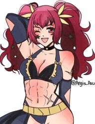  ;d abs alternate_hairstyle arm_up armpits asukaaasuu bare_shoulders black_choker breasts choker cleavage detached_sleeves facial_mark female fire_emblem fire_emblem_engage highres long_hair looking_at_viewer medium_breasts navel one_eye_closed open_mouth red_eyes red_hair smile solo star_(symbol) stomach twintails upper_body yunaka_(fire_emblem) 