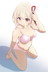  absurdres adjusting_hair barefoot blonde_hair blush bob_cut bra closed_mouth commentary female full_body hand_up highres looking_at_viewer lycoris_recoil nishikigi_chisato oekakiism panties pink_bra pink_panties red_eyes short_hair simple_background smile solo underwear white_background 