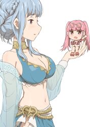  2girls bikini blue_bikini blue_hair breasts chibi cleavage crop_top fire_emblem fire_emblem:_three_houses fire_emblem_heroes hilda_valentine_goneril hilda_valentine_goneril_(summer) kuhuku006f86 looking_at_viewer marianne_von_edmund marianne_von_edmund_(summer) medium_breasts multiple_girls official_alternate_costume pink_bikini pink_eyes pink_hair sarong sitting_on_hand swimsuit twintails 