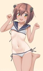  bikini blue_sailor_collar brown_eyes brown_hair female flat_chest hair_between_eyes kantai_collection navel one-hour_drawing_challenge one-piece_tan open_mouth ray.s sailor_bikini sailor_collar short_hair side-tie_bikini_bottom simple_background solo speaking_tube_headset swimsuit tan tanlines white_bikini yellow_background yukikaze_(kancolle) 