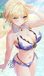  aizawa_ema aqua_nails armpits beach bikini bikini_day blonde_hair blue_bikini blue_eyes blush breasts cat_earrings closed_mouth day earrings female floral_print_bikini front-tie_bikini_top front-tie_top highres jewelry large_breasts layered_bikini looking_at_viewer motoja_72p nail_polish navel outdoors palm_tree side-tie_bikini_bottom smile solo stomach swimsuit thighs tree virtual_youtuber vspo! watch white_bikini wristwatch 