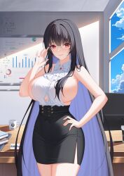  absurdres alvitr_(azur_lane) alvitr_(muspel&#039;s_torrid_secrets)_(azur_lane) ascot azur_lane backless_shirt black_hair black_skirt breasts button_gap colored_inner_hair female glasses hair_censor hand_on_own_hip hand_up highres large_breasts long_hair looking_at_viewer multicolored_hair nanqizizhou office_lady official_alternate_costume pencil_skirt revealing_clothes rimless_eyewear shirt sideboob sideless_shirt skirt sleeveless sleeveless_shirt smile solo white_ascot white_shirt 