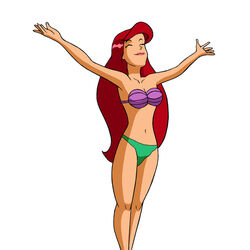  1girls ariel arms_up bikini disney edit eyes_closed female female_focus female_only green_panties open_arms panties red_hair solo solo_female standing the_little_mermaid totally_spies waist_length_hair white_background 