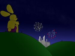  4th_of_july absurd_res anthro city cityscape fireworks floating_ears grass hi_res holidays jason_burrow jay_jay_the_lucky_rabbit lagomorph leporid male mammal night plant rabbit scut_tail short_tail sitting sitting_on_ground solo swift_bristle tail 