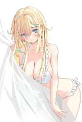  aizawa_ema bikini blonde_hair blue_eyes blush breasts cat_earrings cleavage closed_mouth collarbone commentary_request curtain_grab curtains female frilled_bikini frills hair_ornament highres large_breasts leaning_forward looking_at_viewer oniku_(o29sukizero) simple_background solo swimsuit virtual_youtuber vspo! white_background white_bikini 