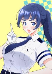  :o absurdres belt black_hair blue_eyes breasts choujun!_choujou_senpai female gloves hand_on_own_hip highres index_finger_raised ippongi_nao large_breasts looking_at_viewer necktie pocket police police_uniform policewoman ponytail simple_background uchiba_yuzuki uniform white_gloves yellow_background 