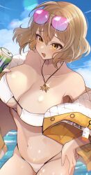  absurdres ahoge anis_(nikke) anis_(sparkling_summer)_(nikke) artist_name bare_shoulders bikini blue_sky blurry blush breasts brown_hair can chromatic_aberration cleavage cloud collarbone commentary cowboy_shot day depth_of_field drink_can eyepatch_bikini eyewear_on_head female fingernails glint goddess_of_victory:_nikke groin hair_between_eyes hand_on_own_hip hand_up highres holding holding_can jacket jewelry large_breasts lens_flare long_fingernails long_sleeves looking_at_viewer navel necklace ocean off_shoulder official_alternate_costume open_clothes open_jacket open_mouth outdoors pendant pukonuu purple-tinted_eyewear raised_eyebrows rimless_eyewear short_hair signature sky smile solo sparkle standing stomach strapless strapless_bikini string_bikini sunglasses swimsuit tinted_eyewear white_bikini yellow_eyes yellow_jacket 