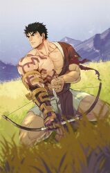  1boy alternate_weapon bara bare_pectorals black_hair bow_(weapon) costume_request drawing_bow earrings fighting_stance flexing_pectorals forked_eyebrows frown hadanugi_dousa highres holding holding_bow_(weapon) holding_weapon jewelry looking_to_the_side male_focus muscular muscular_male nature pectorals ryu_(street_fighter) serious short_hair short_shorts shorts sideburns solo street_fighter the_legend_of_zelda thick_eyebrows weapon yuiofire 