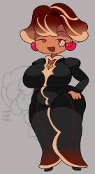  black_clothing black_dress breasts brickey cherry chocolate_bonbon_cookie cleavage clothed clothing cookie_(cookie_run) cookie_run dress duo eyewear female food food_creature fruit hand_in_hip hi_res human humanoid male mammal monocle plant sycne thinking 