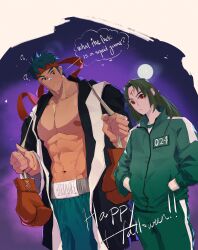  2boys ? abs absurdres bandaid bandaid_on_face bandaid_on_nose bara bare_pectorals boxing_gloves boxing_shorts english_text facial_mark fire_emblem fire_emblem:_radiant_dawn forehead_mark green_hair green_jacket green_pants green_track_suit halloween halloween_costume hands_in_pockets happy_halloween headband highres hoonzino ike_(fire_emblem) jacket large_pectorals long_hair moon multiple_boys muscular muscular_male navel night night_sky nipples outdoors pants pectorals red_eyes red_headband short_hair shorts sky soren_(fire_emblem) squid_game star_(sky) track_jacket track_pants 