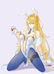  absurdres animal_ears artoria_pendragon_(fate) artoria_pendragon_(swimsuit_ruler)_(fate) bare_shoulders blue_necktie blue_pantyhose closed_mouth commentary_request cup detached_collar dress fake_animal_ears fate/grand_order fate_(series) female fishnet_pantyhose fishnets glass gold_trim green_eyes grey_background highres holding holding_cup huwksnipe kneeling leotard long_hair looking_at_viewer necktie pantyhose playboy_bunny ponytail rabbit_ears shadow sidelocks simple_background solo strapless strapless_dress tiara very_long_hair white_footwear white_leotard wrist_cuffs 