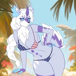  4th_of_july american_flag american_flag_bikini anthro beach big_breasts bikini breasts clothing deer equid equine erise female flag_bikini fur grey_body grey_fur grey_hair hair hi_res holidays horn hybrid long_hair mammal markings mythological_creature mythological_equine mythology plant purple_markings rock solo standing swimwear tree two-piece_swimsuit unicorn united_states_of_america yoowe 