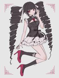  :o bare_shoulders black_hair black_nails black_ribbon black_shirt black_socks celestia_ludenberg claw_ring danganronpa:_trigger_happy_havoc danganronpa_(series) drill_hair female from_side full_body grey_background grey_skirt hair_ribbon highres kneehighs layered_skirt long_hair nail_polish raamensusure red_eyes red_footwear ribbon shirt simple_background skirt socks solo twin_drills twintails white_ribbon 