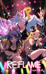  1boy 3girls ;o absurdres back backless_dress backless_outfit black_dress black_footwear black_hair blonde_hair boots breasts bridal_gauntlets butt_crack cleavage crop_top cropped_jacket dress finger_frame ganaha_hibiki grey_hair highres hip_vent hoshii_miki idolmaster idolmaster_(classic) knee_boots laser looking_at_viewer median_furrow medium_breasts midnamana multiple_girls oerba_yun_fang one_eye_closed p-head_producer producer_(idolmaster) project_fairy_(idolmaster) shijou_takane shirt shorts side_slit side_slit_shorts smug stage_lights white_shirt 