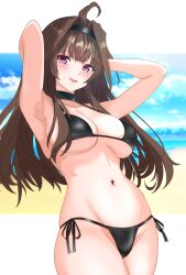  absurdres ahoge armpits arms_behind_head beach bikini black_bikini black_hairband blurry blurry_background breasts brown_hair commentary_request female hairband highres kantai_collection kongou_(kancolle) large_breasts long_hair navel nitamako_(sakamalh) ocean open_mouth side-tie_bikini_bottom smile solo string_bikini swimsuit 