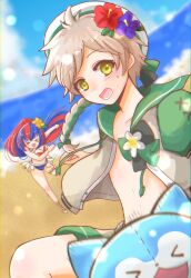  &gt;o&lt; 1boy alear_(female)_(fire_emblem) alear_(female)_(seaside_dragon)_(fire_emblem) alear_(fire_emblem) beach bikini blue_bikini blue_eyes blue_hair braid breasts character_ball clanne_(fire_emblem) clanne_(summer)_(fire_emblem) cleavage criss-cross_halter crossed_bangs female fire_emblem fire_emblem_engage fire_emblem_heroes flower green_hair hair_flower hair_ornament halterneck highres long_hair medium_breasts multicolored_bikini multicolored_clothes ocean official_alternate_costume official_alternate_hairstyle red_bikini single_braid sommie_(fire_emblem) swimsuit white_bikini yuurifeh 