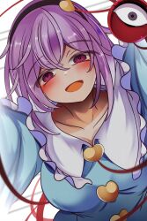  black_hairband blue_shirt blush breasts buttons collarbone commentary_request eyeball female frilled_shirt_collar frills hairband heart heart_button highres kana_(user_rkuc4823) komeiji_satori long_sleeves looking_at_viewer open_mouth purple_eyes purple_hair shirt smile solo third_eye touhou 