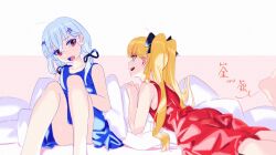  2girls bad_id bad_twitter_id black_ribbon blonde_hair blue_dress dress hair_between_eyes hair_ornament hair_ribbon hakase_fuyuki inactive_account kerorira knees_up long_hair looking_at_another low_twintails lying multiple_girls nijisanji on_stomach open_mouth pillow profile red_dress red_eyes ribbon sleeveless sleeveless_dress smile takamiya_rion twintails virtual_youtuber 