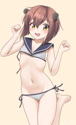  bikini blue_sailor_collar brown_eyes brown_hair female flat_chest hair_between_eyes kantai_collection navel one-hour_drawing_challenge open_mouth ray.s sailor_bikini sailor_collar short_hair side-tie_bikini_bottom simple_background solo speaking_tube_headset swimsuit white_bikini yellow_background yukikaze_(kancolle) 